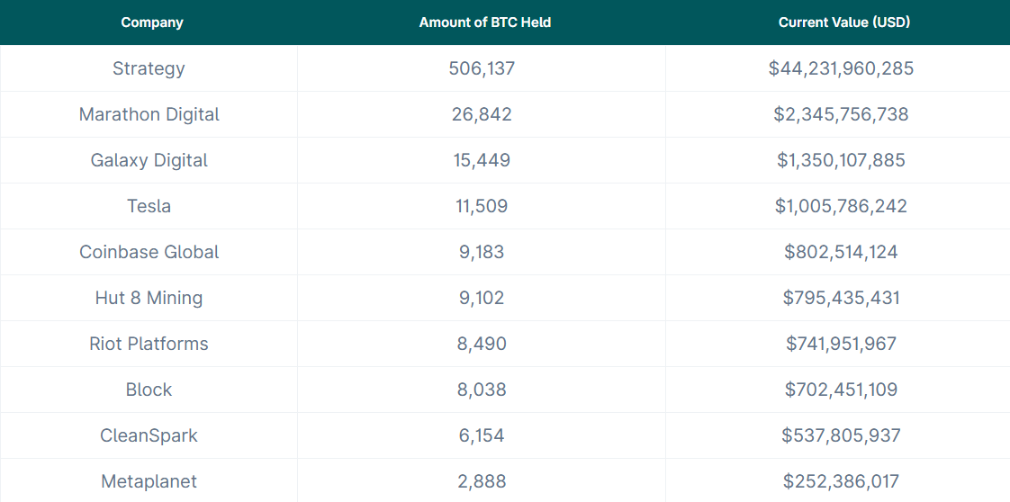 ۱۰ شرکت برتر از نظر میزان دارایی بیت‌کوین