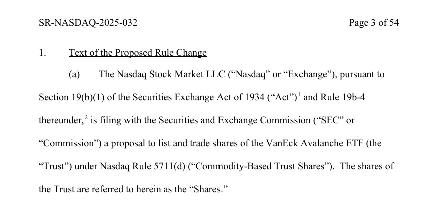 درخواست رسمی نزدک برای لیست ETF اسپات آوالانچ VanEck